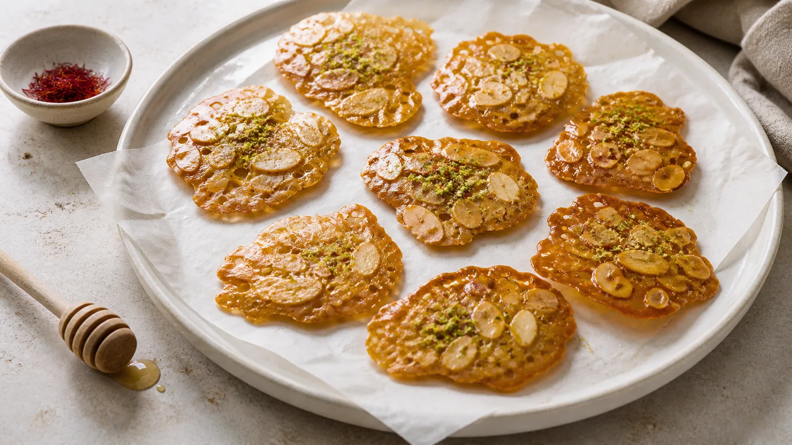 Thin saffron almond honey sohan pieces topped with ground pistachio