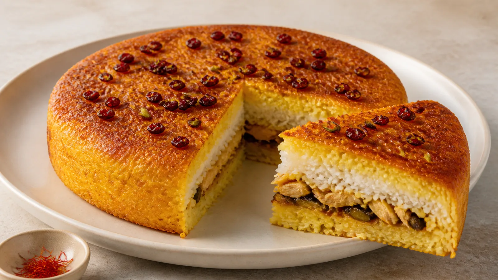 Two-colour chicken and eggplant tahchin with saffron and pale rice layers