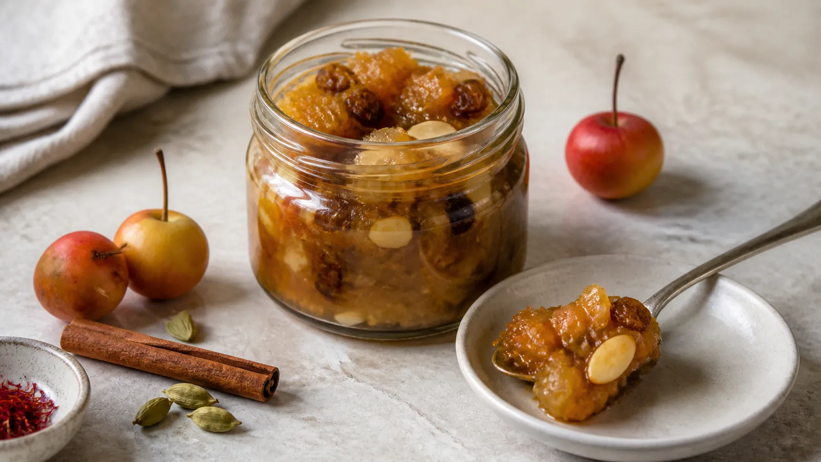 Wild apple marmalade with saffron, raisins and sliced almonds