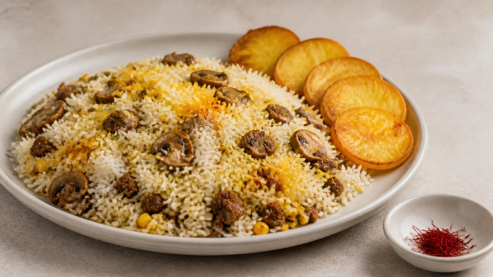 Saffron mushroom rice with minced meat, corn and crisp potato tahdig