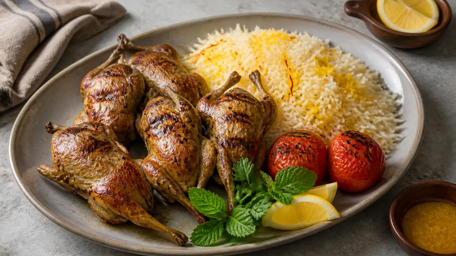 Saffron quail kebab with rice, grilled tomatoes, herbs and lemon