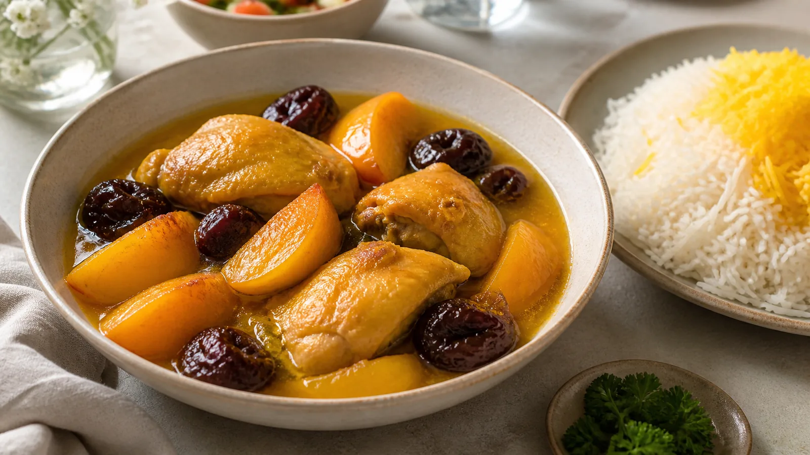 Peach stew with saffron chicken, Bukhara plums and rice