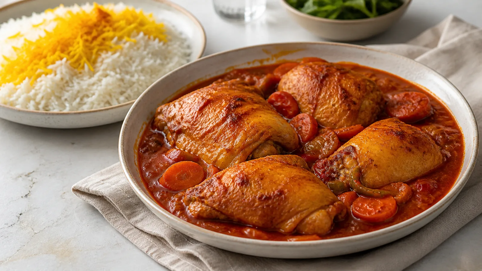Majlisi chicken in saffron tomato sauce with Persian rice
