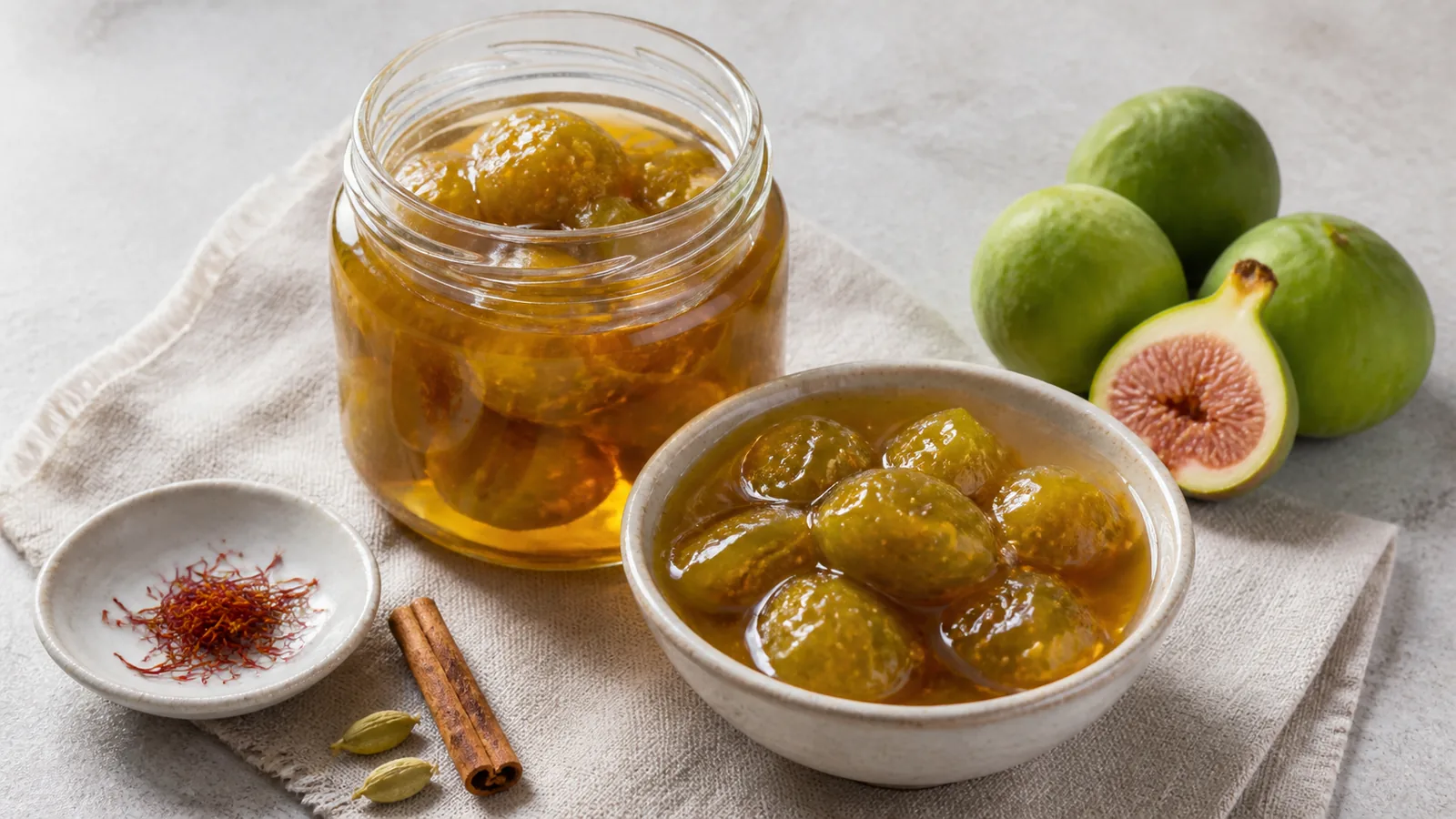 Whole green fig jam with Iranian saffron, cardamom and cinnamon