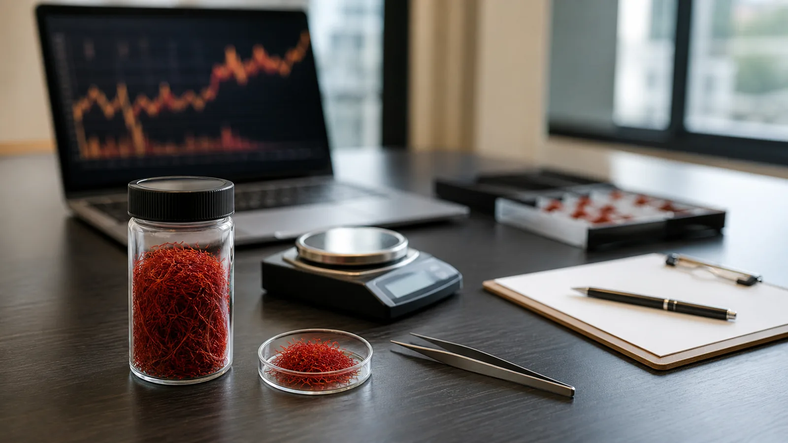 Saffron commodity sample at a modern exchange and quality review desk