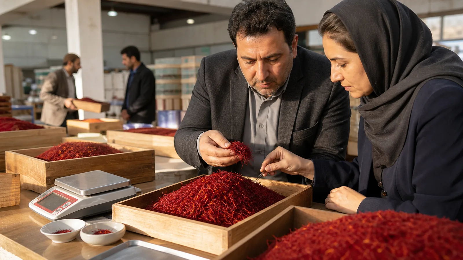 Saffron threads being inspected at a modern Khorasan market desk
