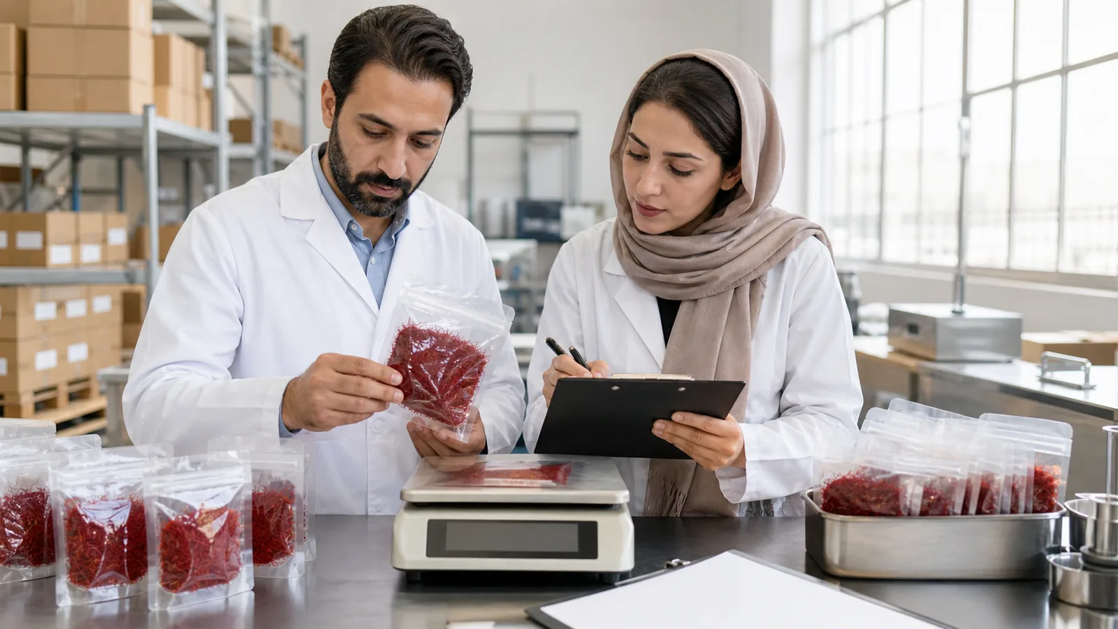 Saffron packages undergoing export quality and weight inspection