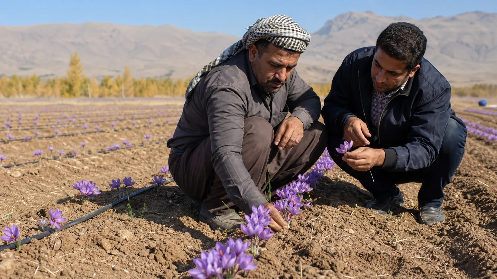 Farmer inspecting flowering saffron rows in Markazi province
