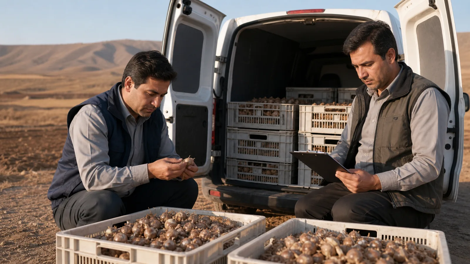 Agricultural inspectors checking saffron corm containers beside a transport van