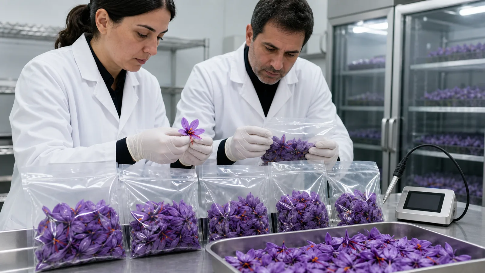 Food scientists checking saffron flowers in modified-atmosphere storage packages