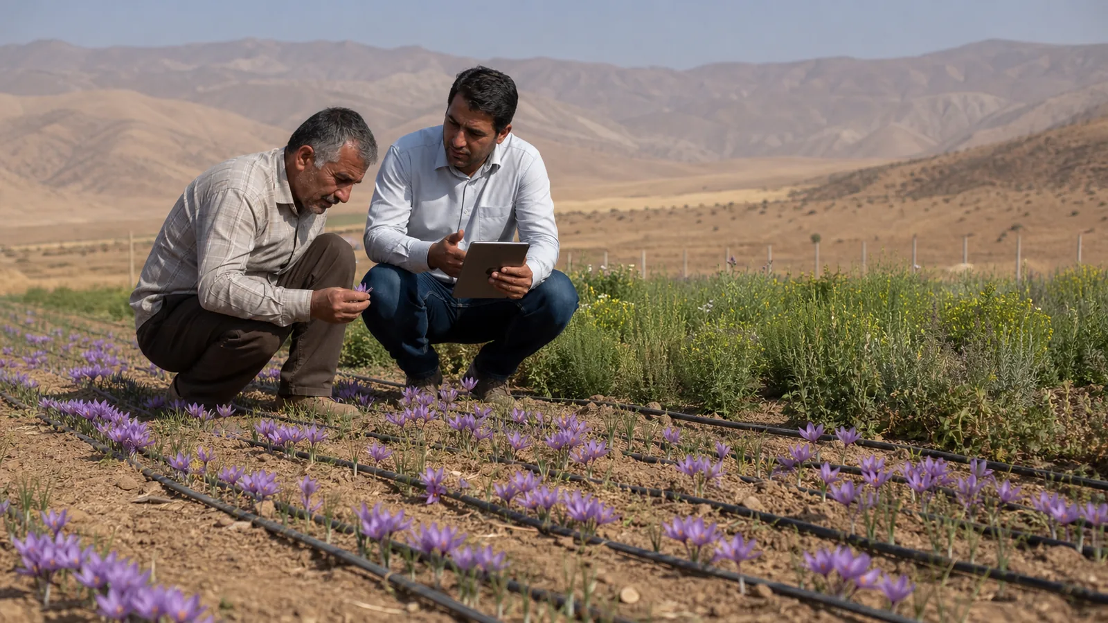 Agricultural adviser reviewing saffron and medicinal crops on a Famenin farm