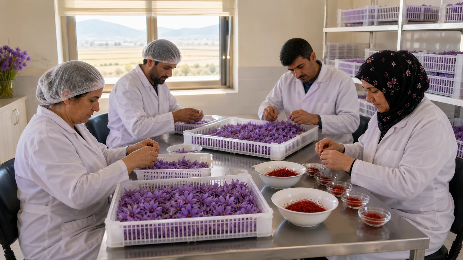 Workers carefully sorting fresh saffron flowers to reduce harvest waste