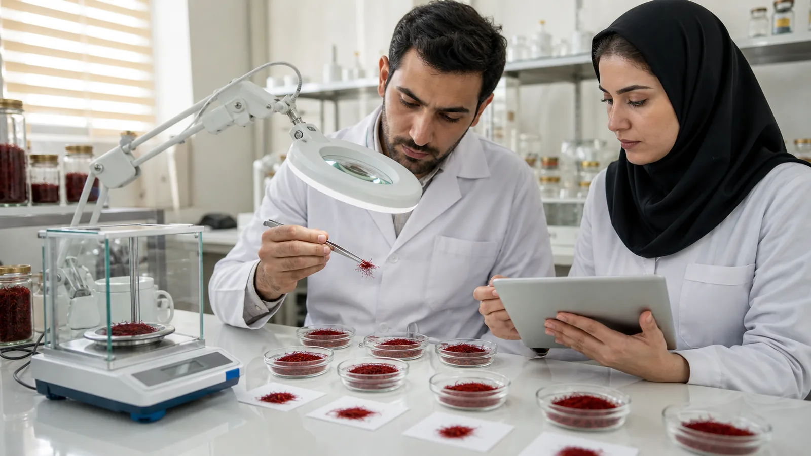 Quality specialists inspecting saffron samples for a Birjand improvement project