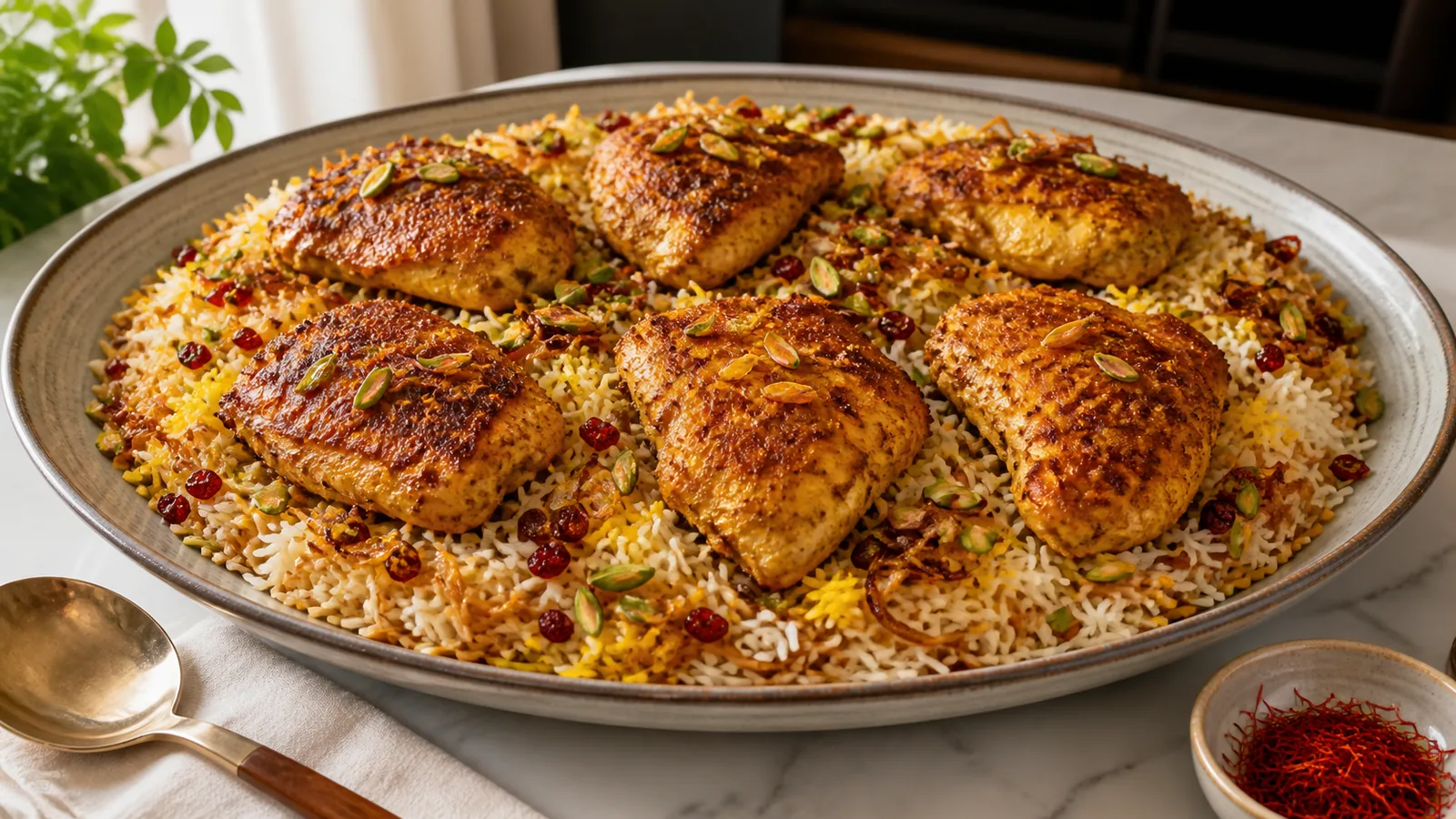 Rice noodles with golden saffron chicken, barberries and pistachios