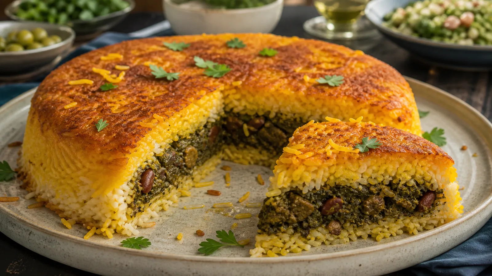 Sliced tahchin Ghormeh sabzi with a golden saffron rice crust