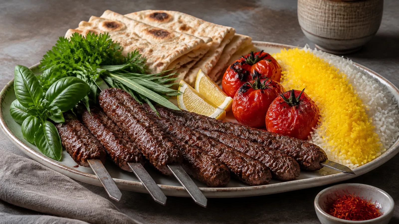 Iranian saffron loghmeh kebabs with grilled tomatoes and flatbread
