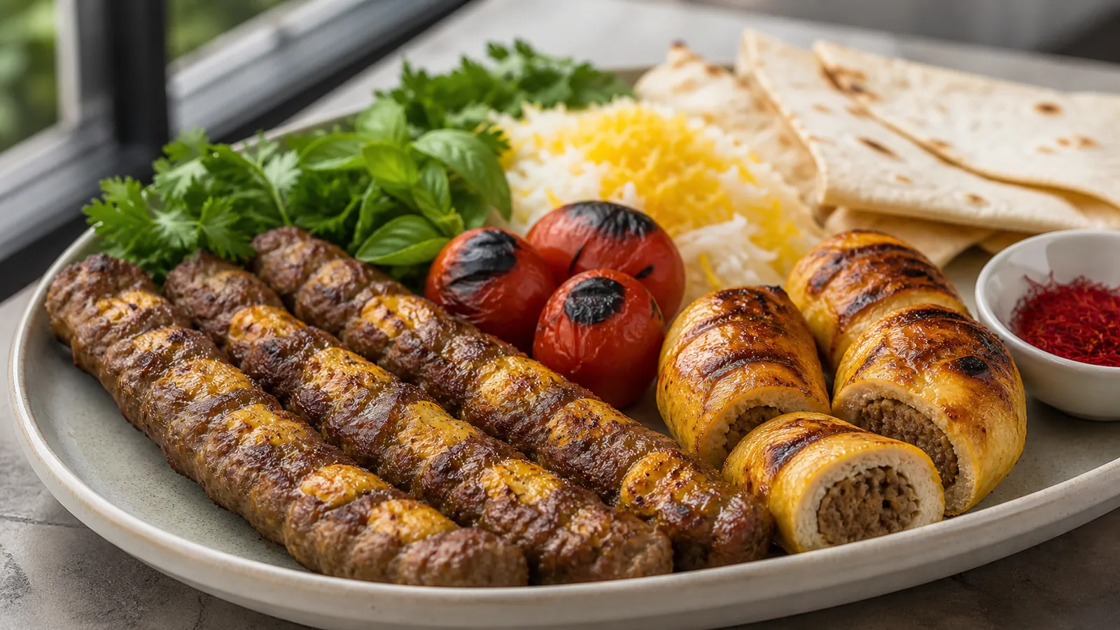 Negini kebab skewers and saffron chicken rolls with grilled tomatoes