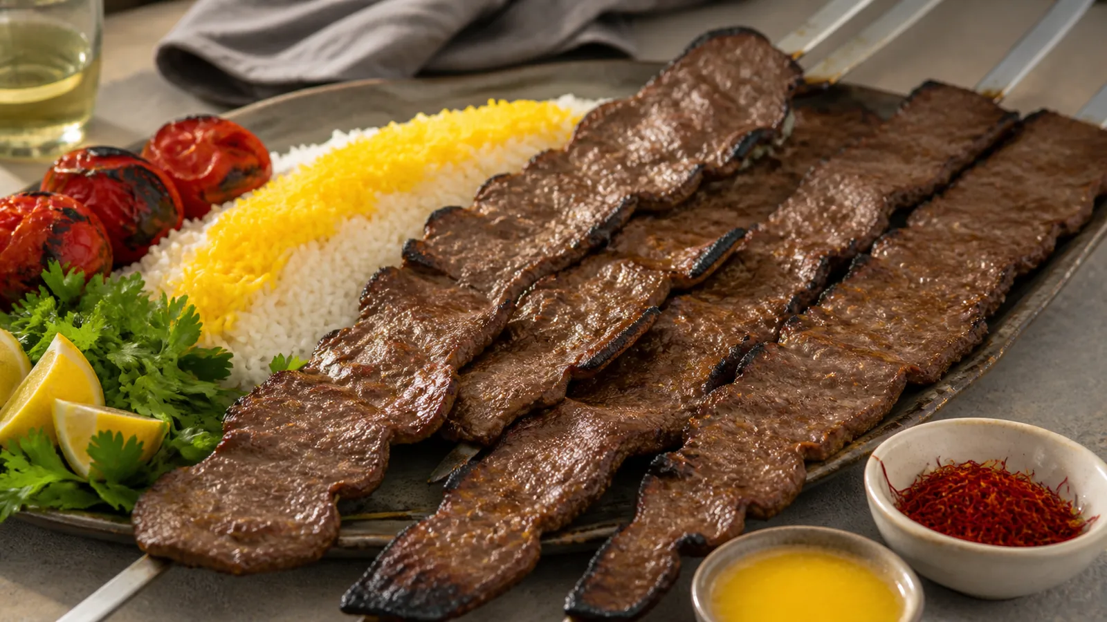 Saffron leaf kebab on wide skewers with rice and grilled tomatoes