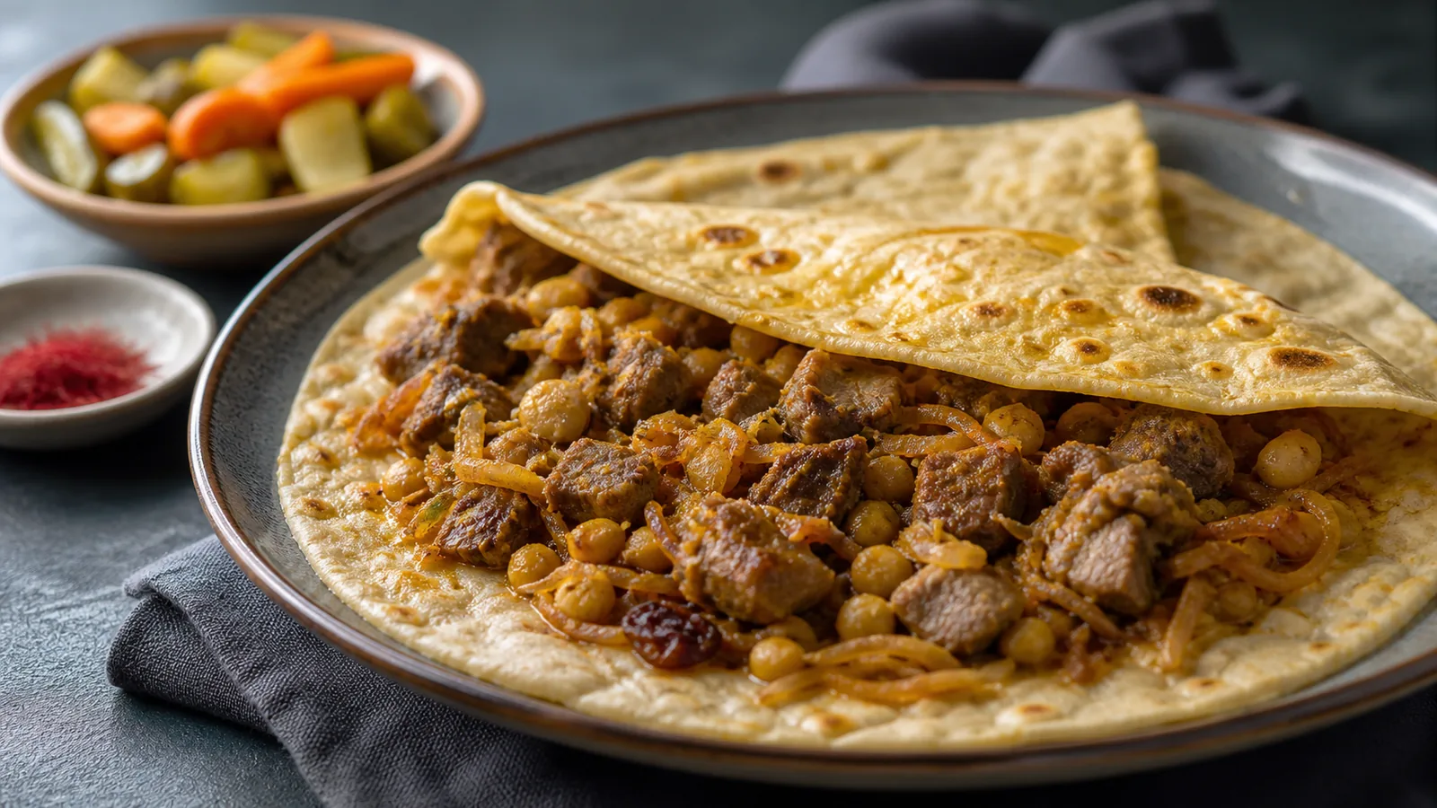 Shushtari fatty bread with saffron mutton, chickpeas and fried onion
