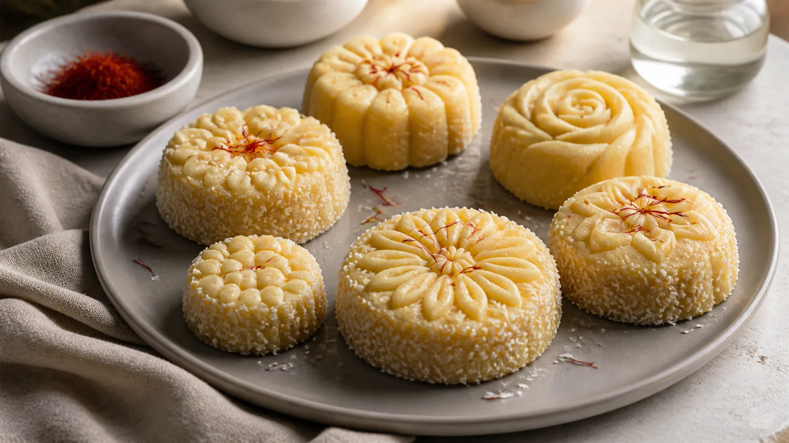 Moulded coconut halva with Iranian saffron and coconut flakes