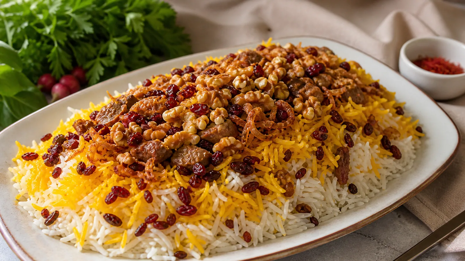 Majlisi saffron rice with mutton, walnuts, barberries and golden onion