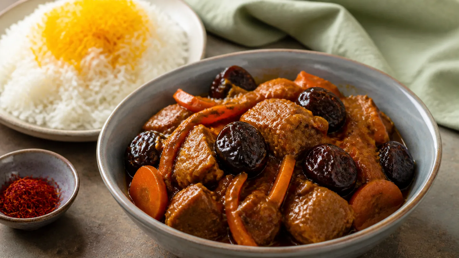 Iranian saffron plum and carrot stew with mutton beside rice