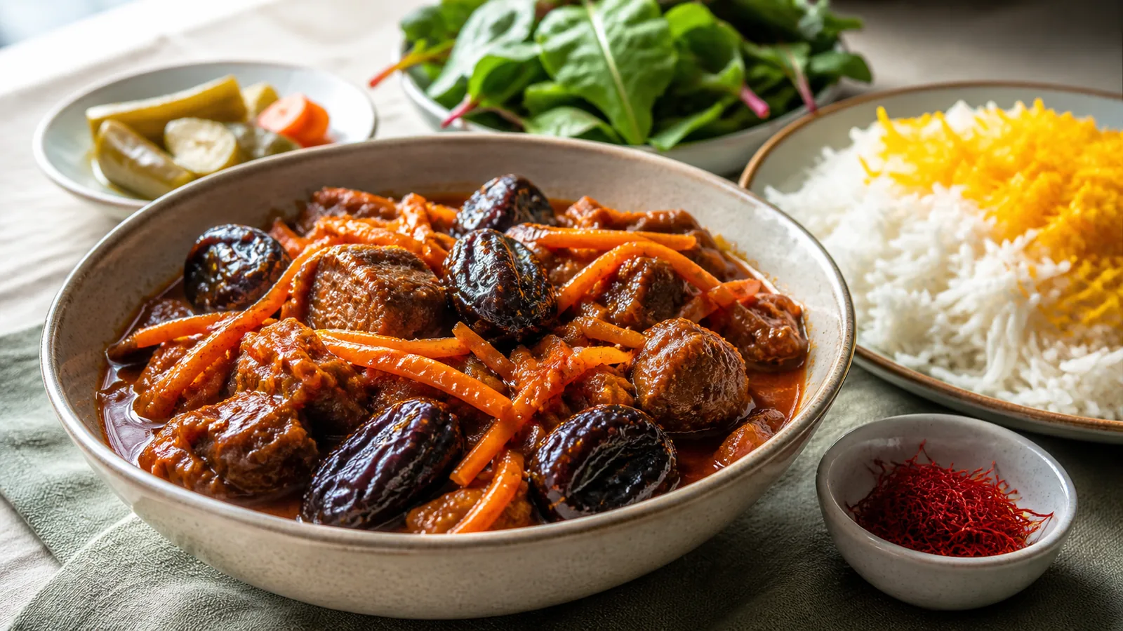 Iranian saffron carrot stew with meat, Bukhara plums and rice