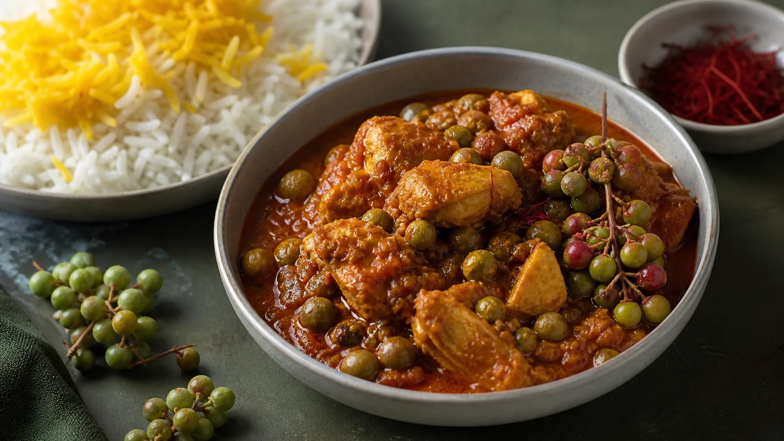 Mountain pistachio stew with saffron, chicken and green Pistacia atlantica fruit