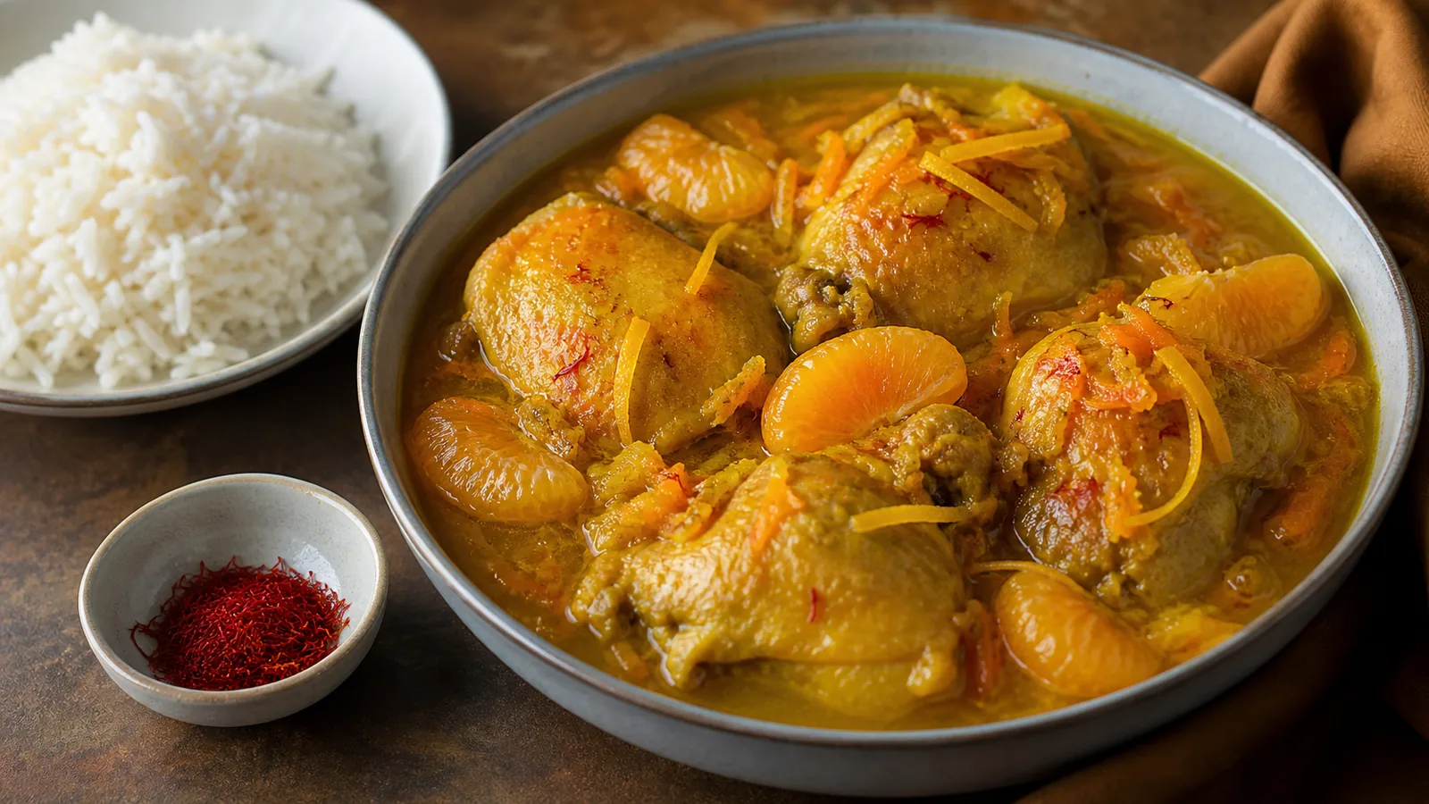 Iranian saffron tangerine stew with chicken, carrots and rice