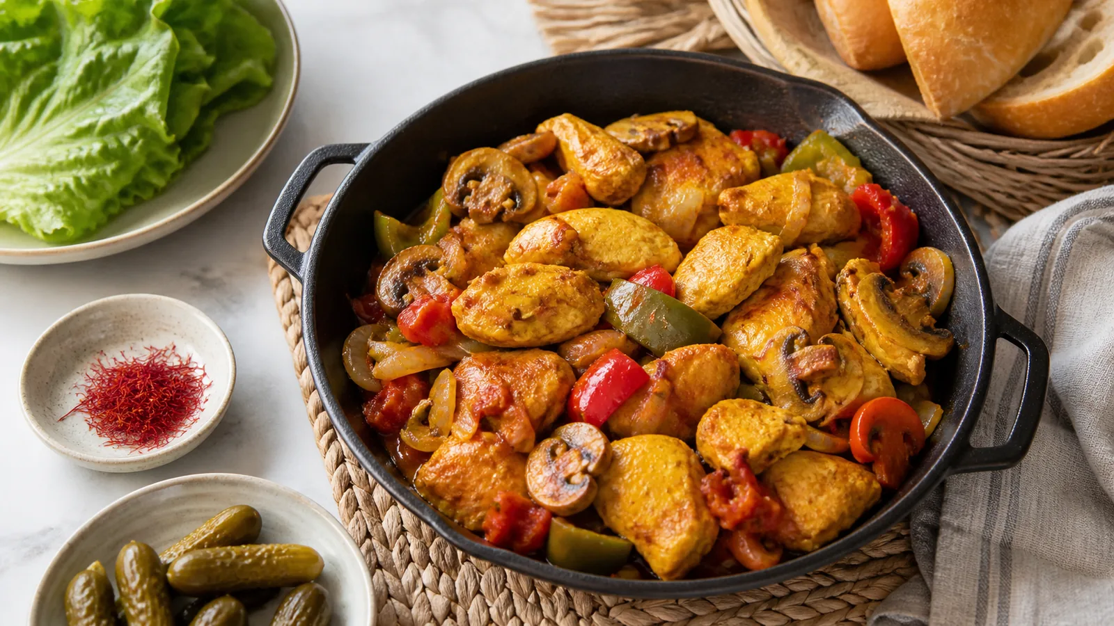 Saffron Turkish chicken kebab with mushrooms, peppers and sandwich bread