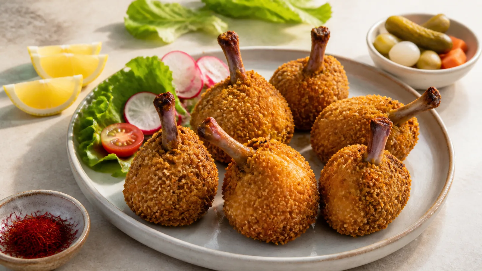 Sesame-coated saffron Pachini chicken wing drumettes on a serving plate