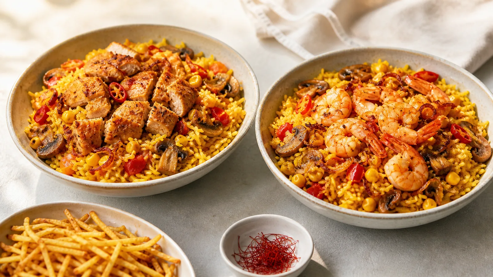 Two servings of spicy saffron rice, one with chicken and one with shrimp