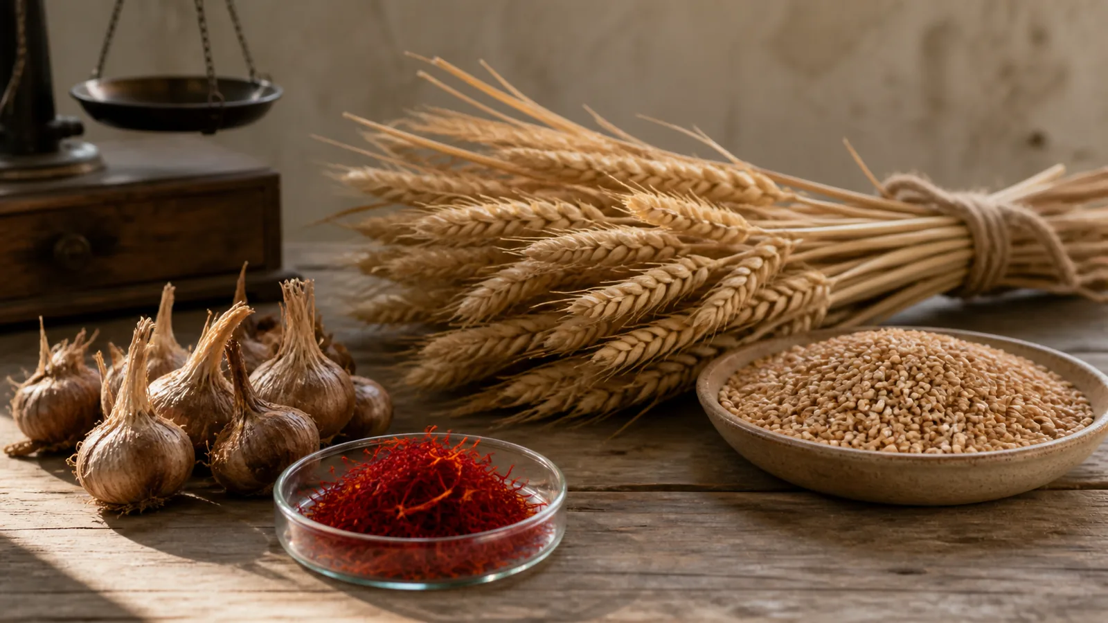 Iranian saffron threads and wheat grain arranged for an agricultural value comparison