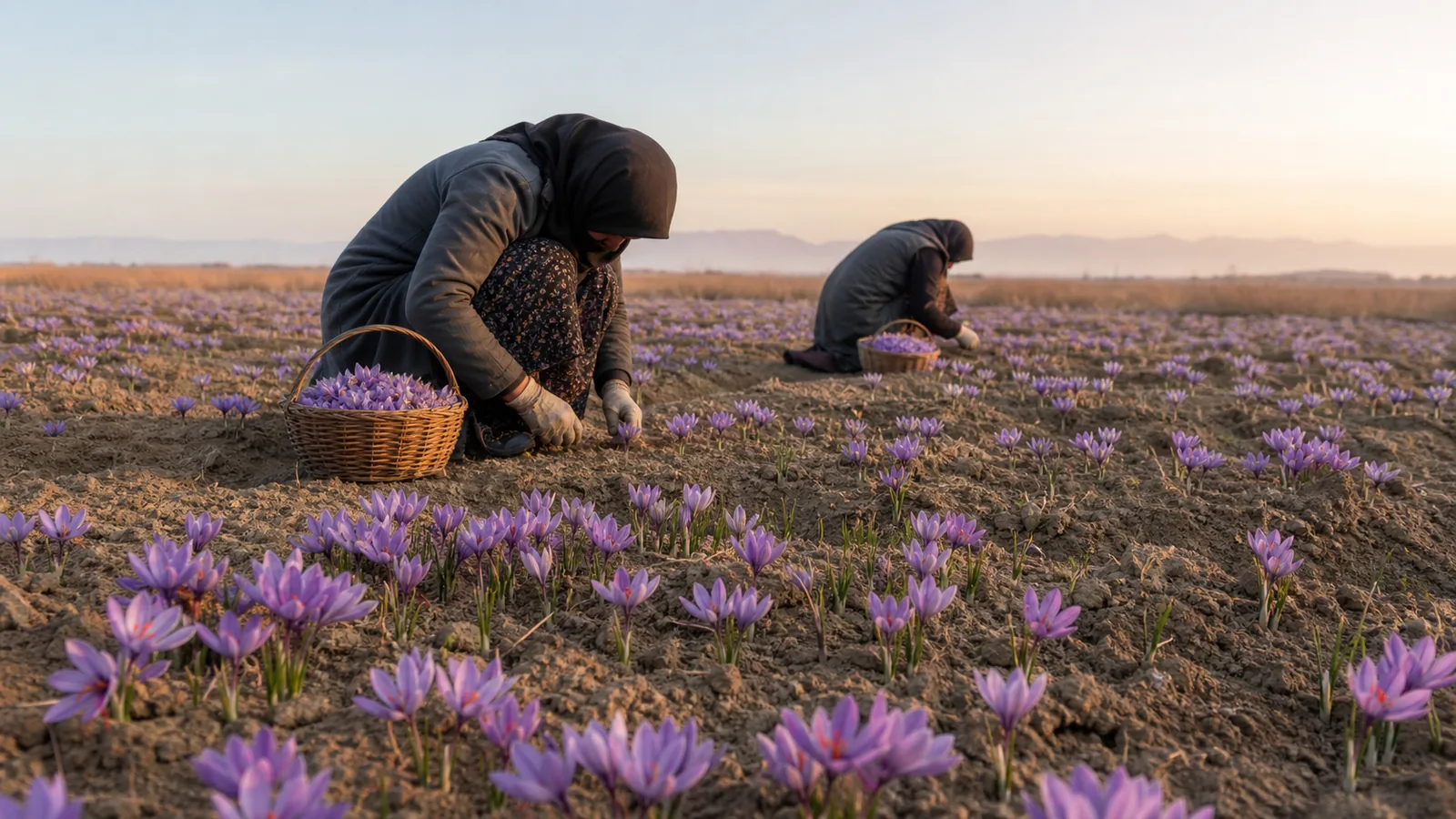 Early saffron harvest in a field representing Shahinshahr and Maymeh farms