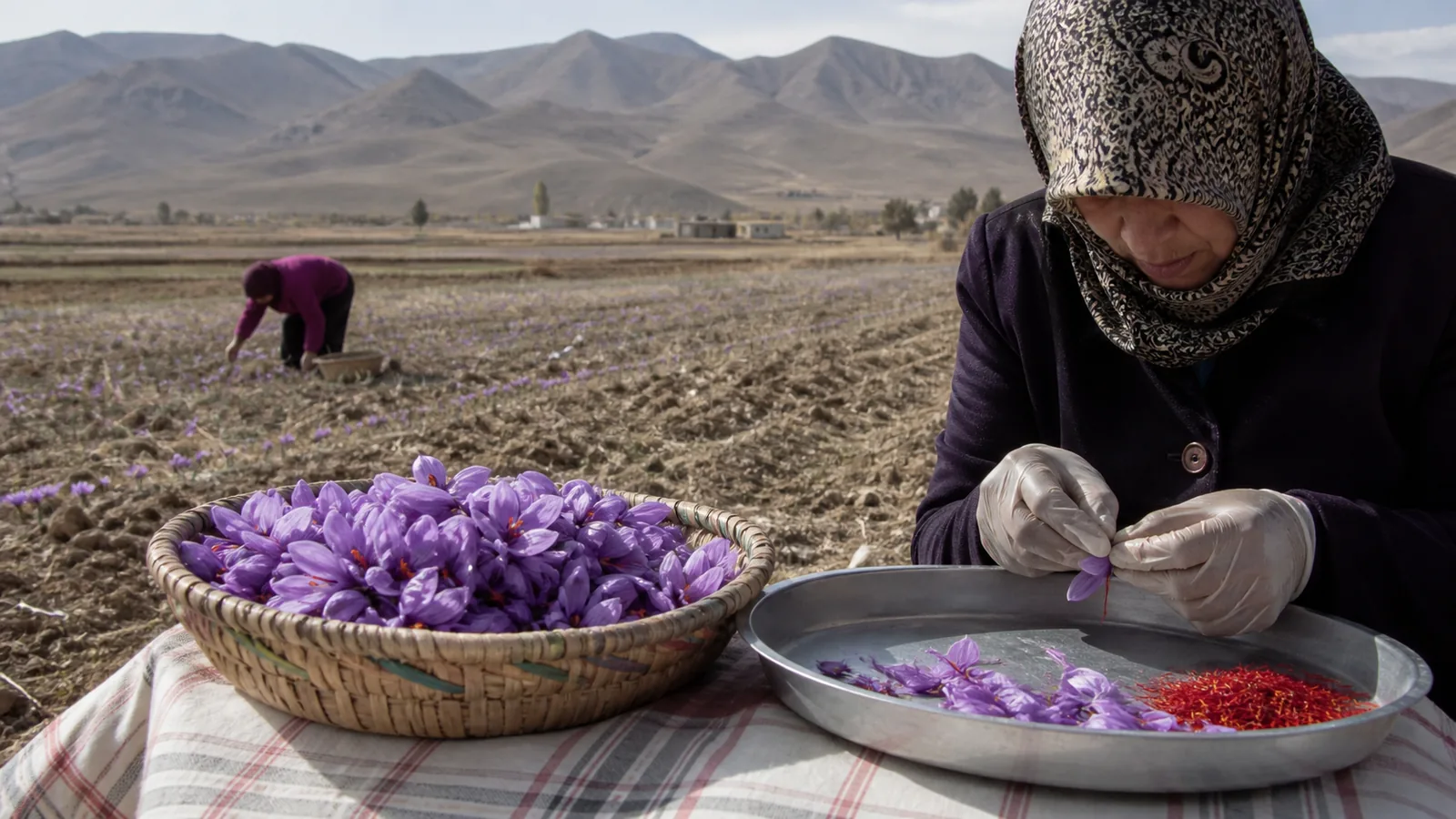 Saffron flowers gathered during harvest in a dry mountain farming area near Natanz