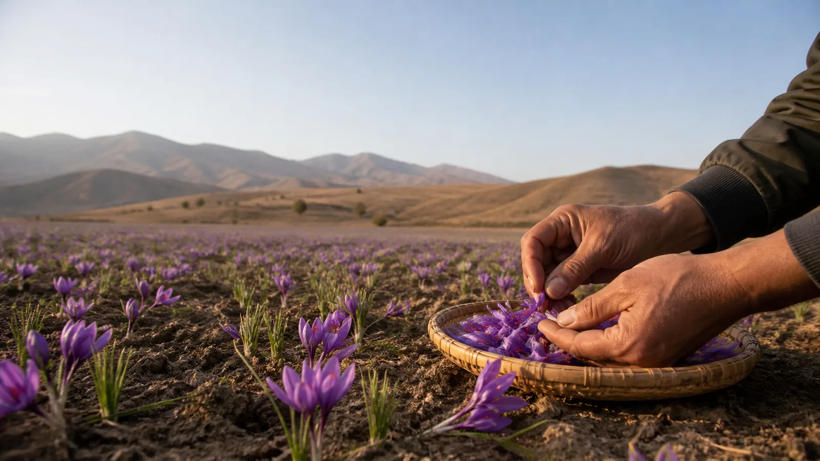Saffron harvest in a field beneath the Zagros highlands near Hamedan