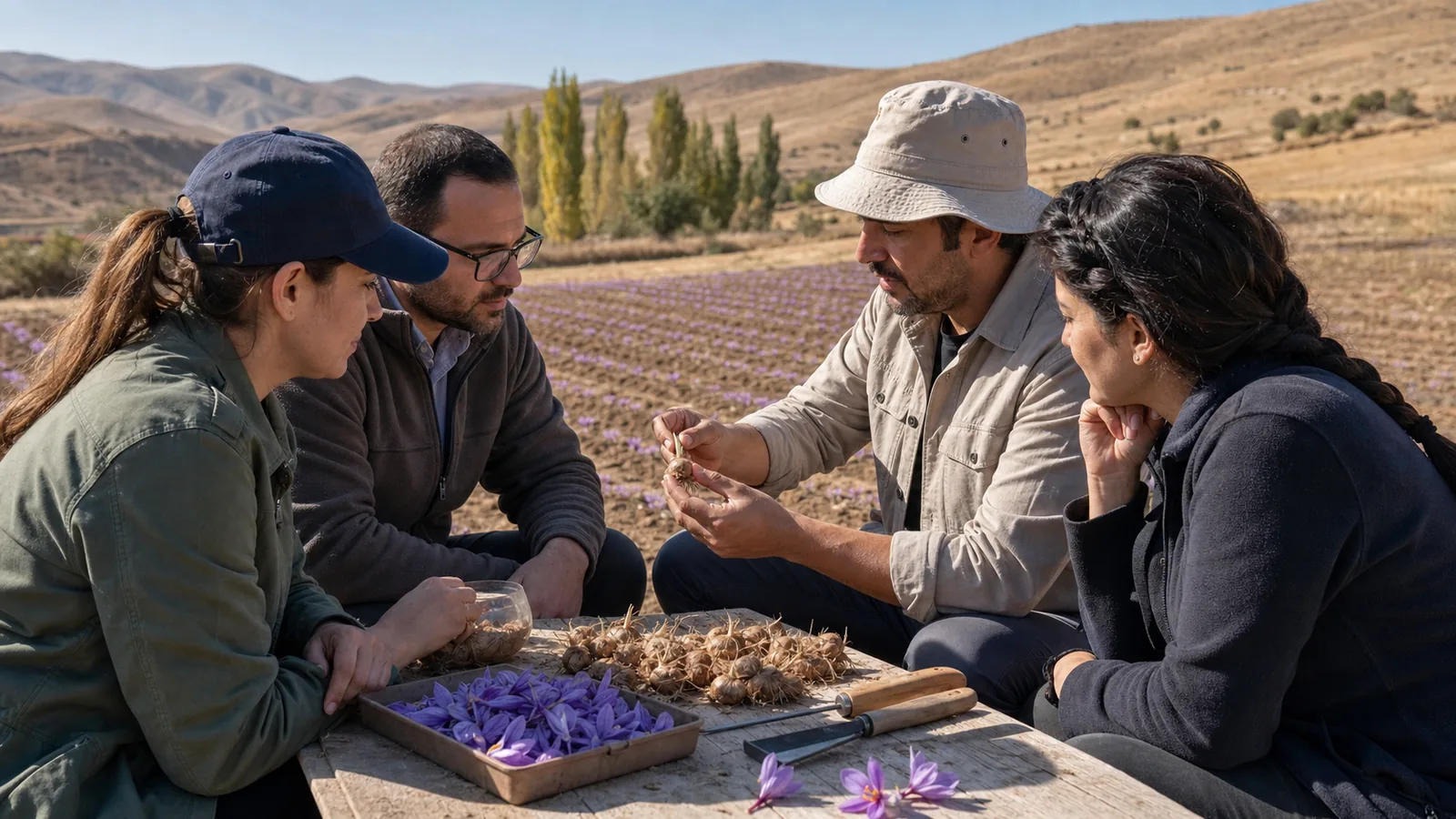 Adult learners examining saffron flowers and corms during an agricultural training session