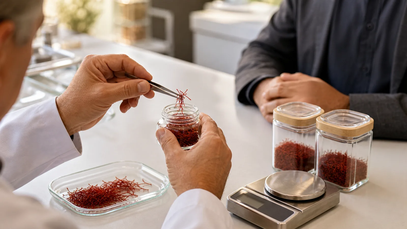 Standardised saffron lots being inspected on a clean commodity trading desk