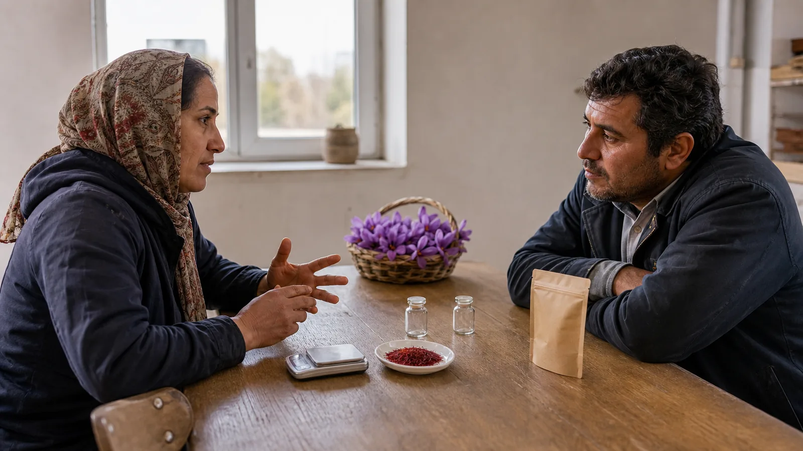Saffron grower and buyer discussing a measured harvest lot at a clean cooperative table
