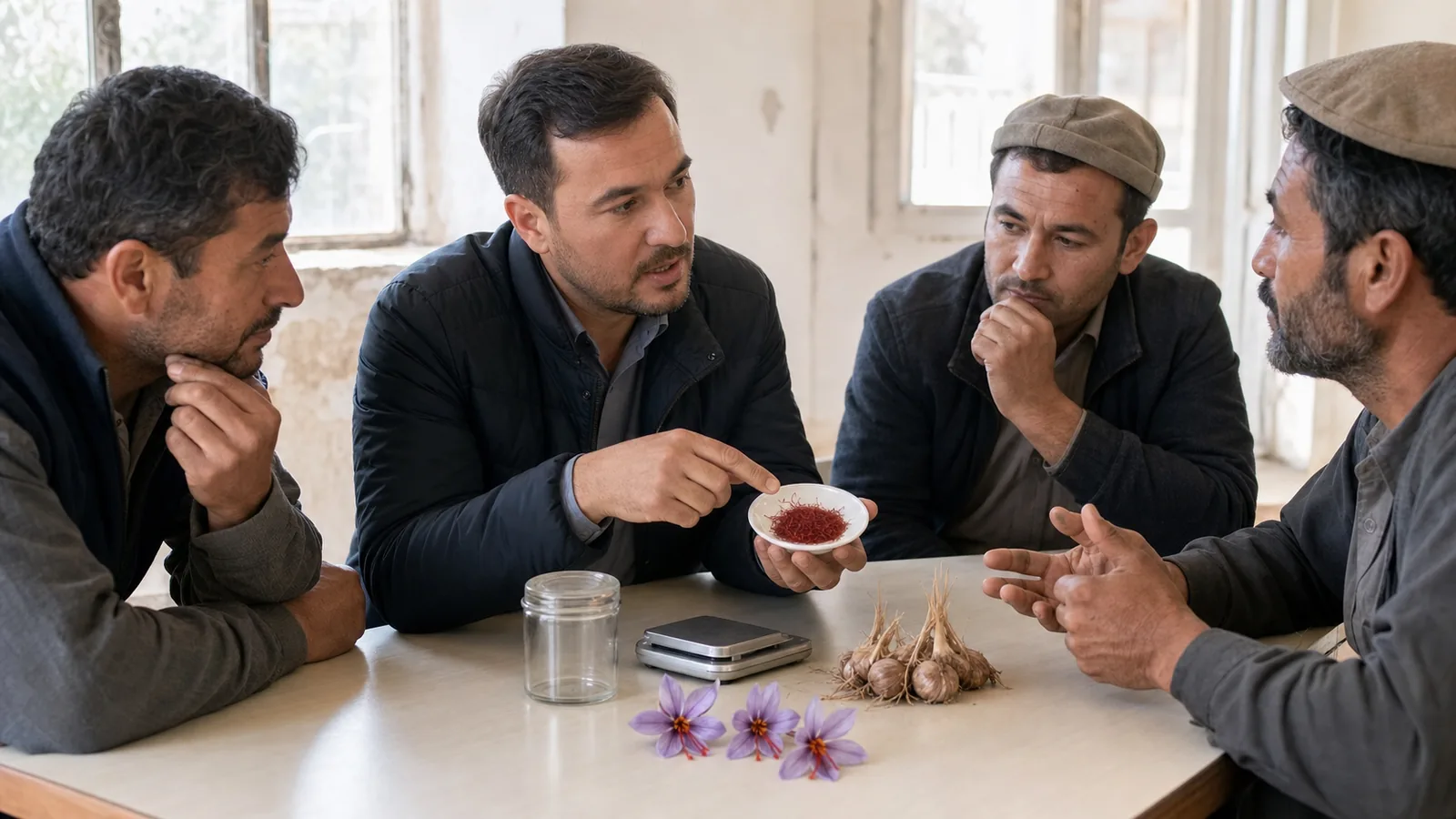 Agricultural adviser showing a quality saffron sample to growers during a rural market briefing