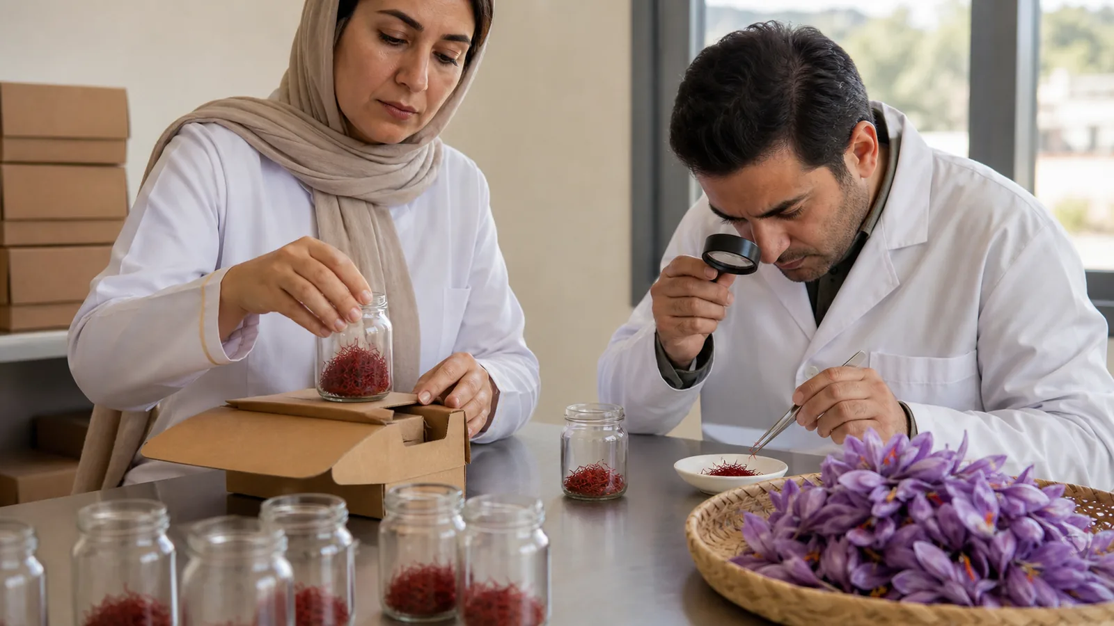 Saffron producer and quality inspector preparing a small traceable export package