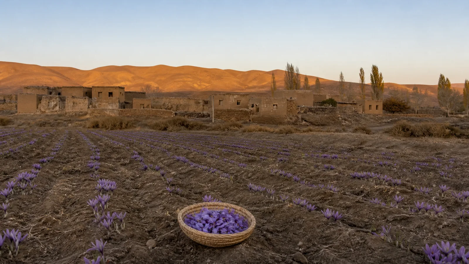Saffron field near a traditional Qaenat village and dry hills at sunrise
