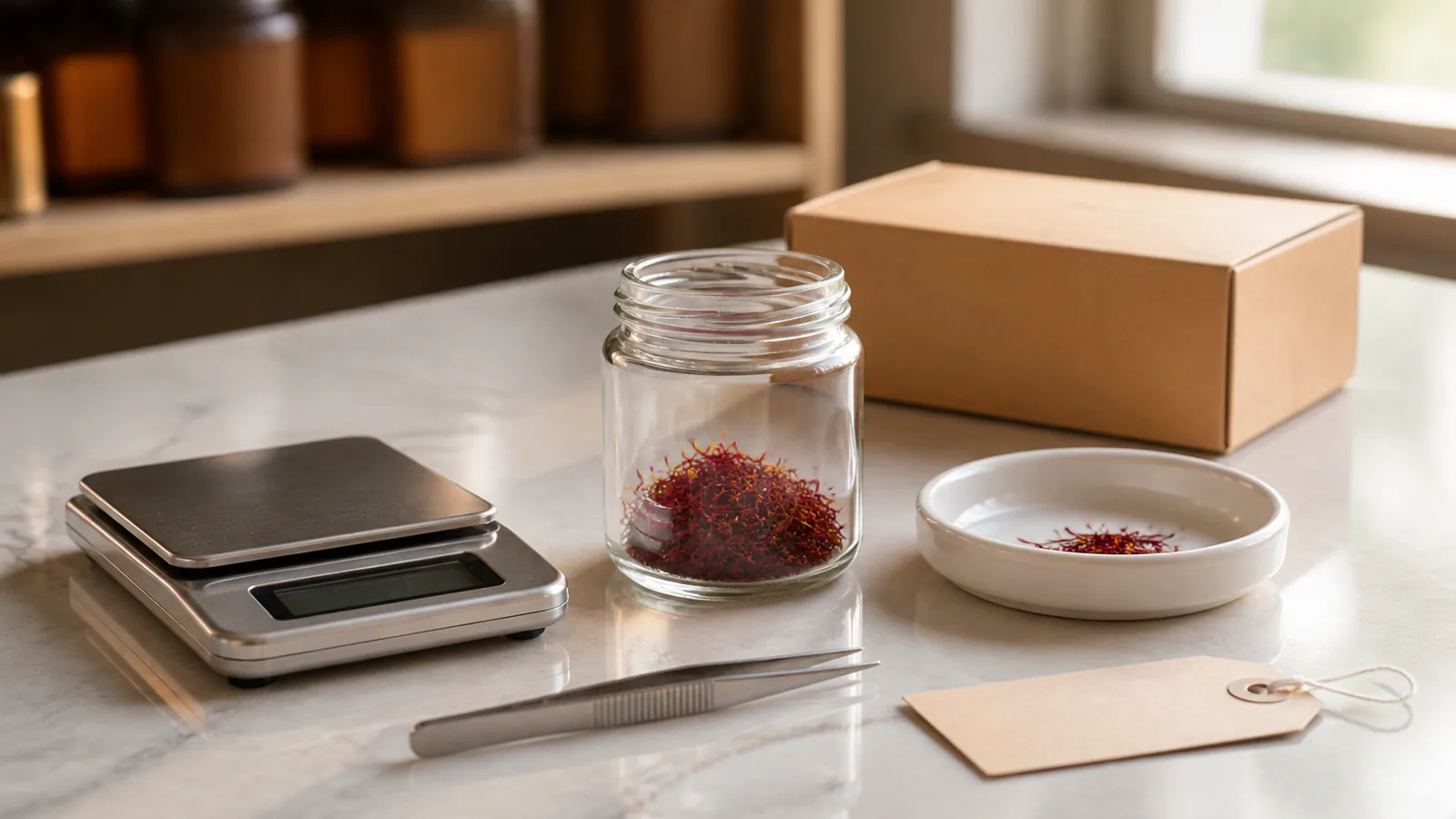 Saffron threads in a glass jar beside a laboratory sample dish and trade packaging
