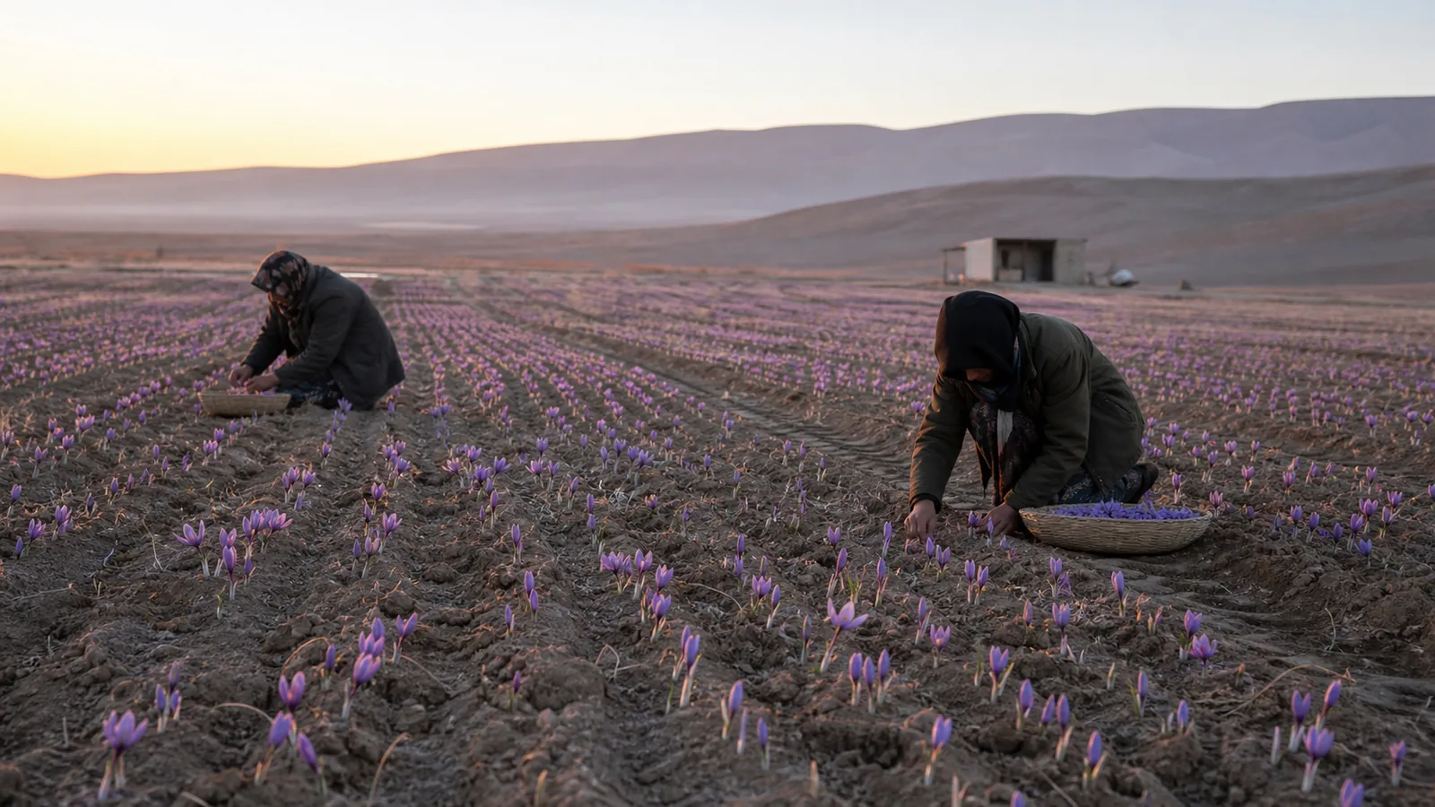 Workers harvesting purple saffron flowers in a Khorasan Razavi field at sunrise