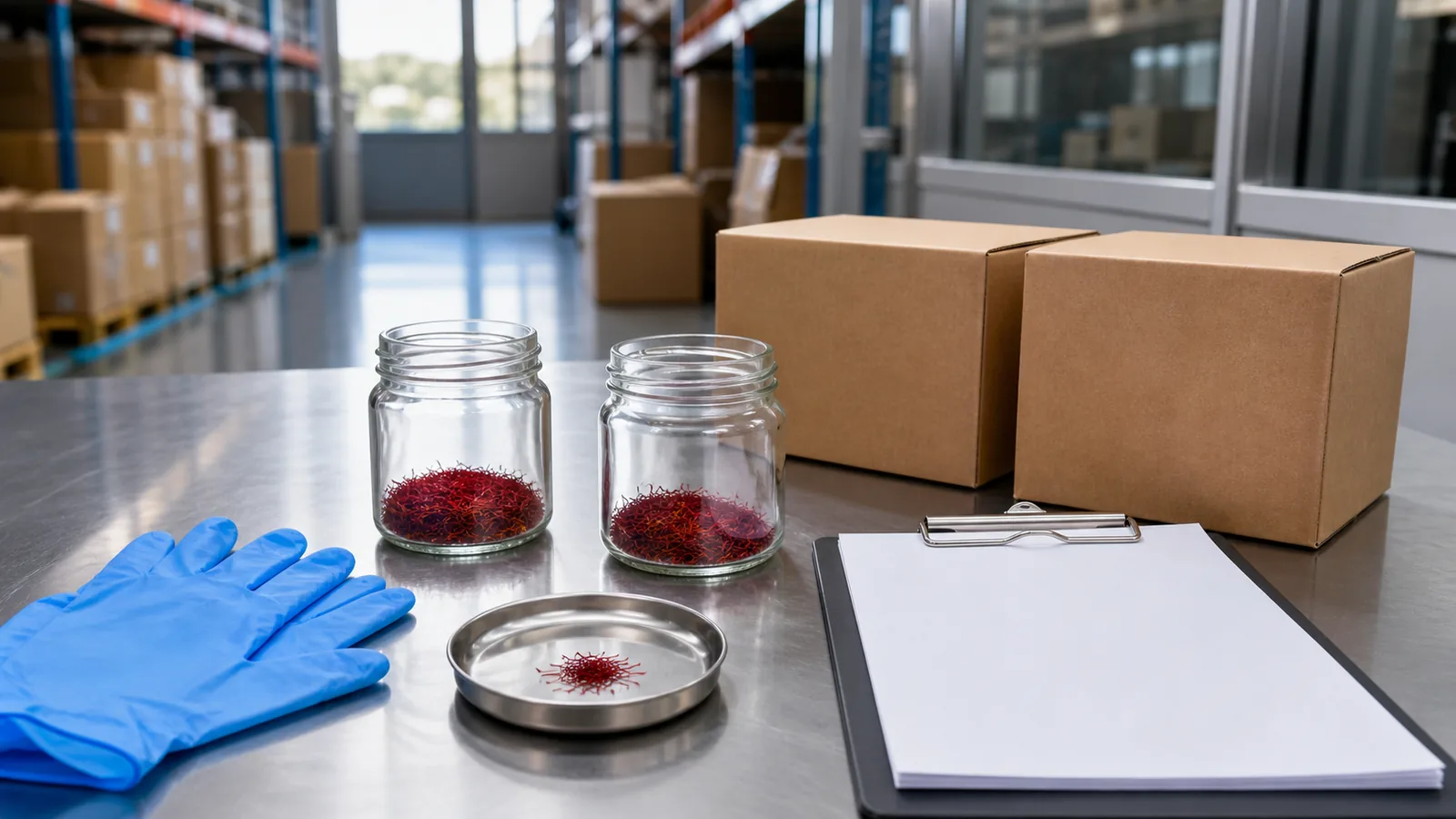 Saffron samples and neutral export cartons prepared for traceability inspection