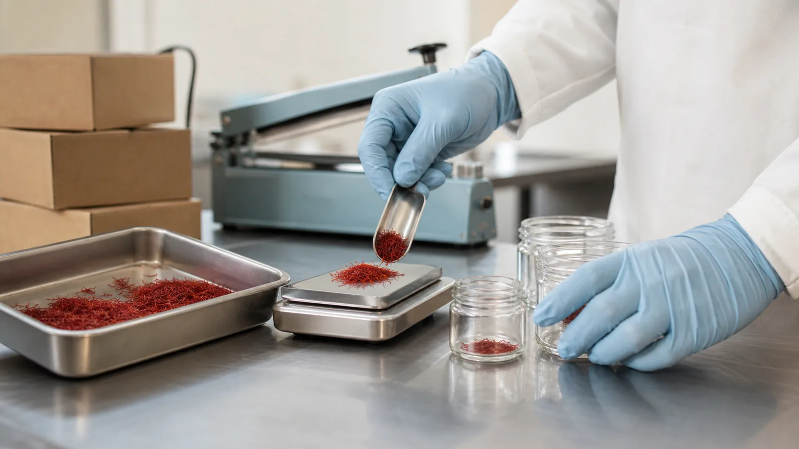 Worker weighing saffron threads into plain glass jars in a clean processing room