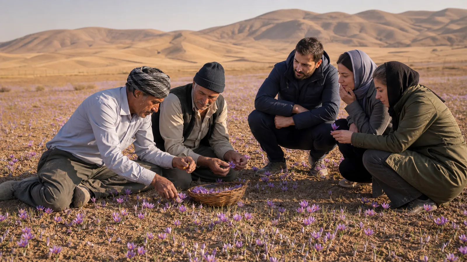 Farmers showing visitors how saffron flowers are harvested by hand in Bahabad Yazd