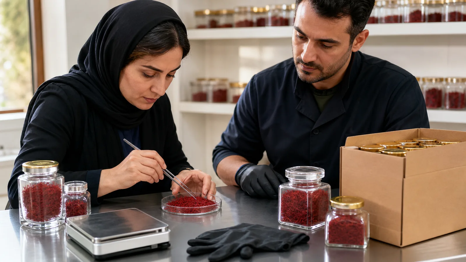 Saffron quality specialists reviewing threads and unbranded retail packaging