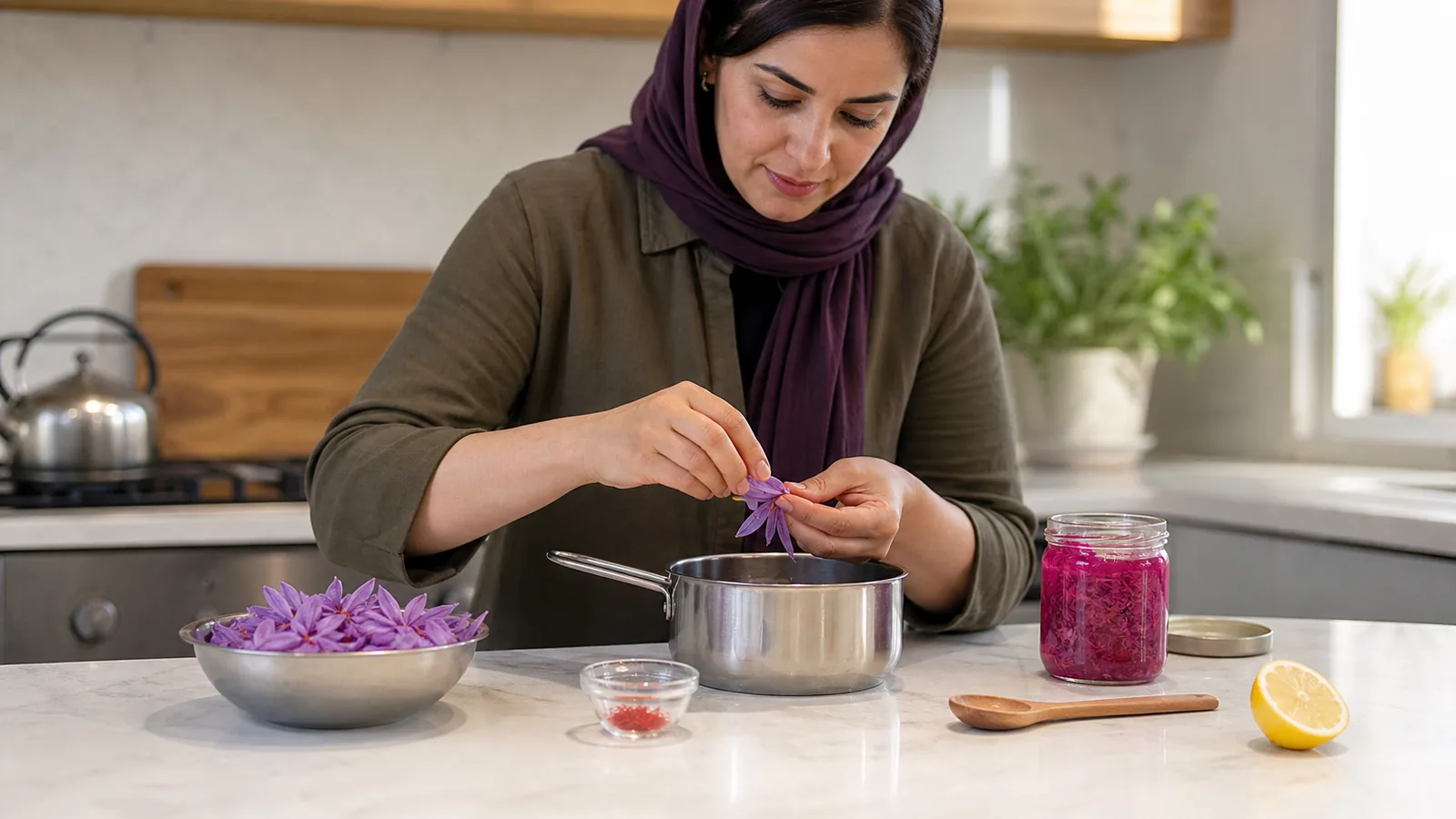 A cook preparing saffron petal jam with fresh purple Crocus sativus petals