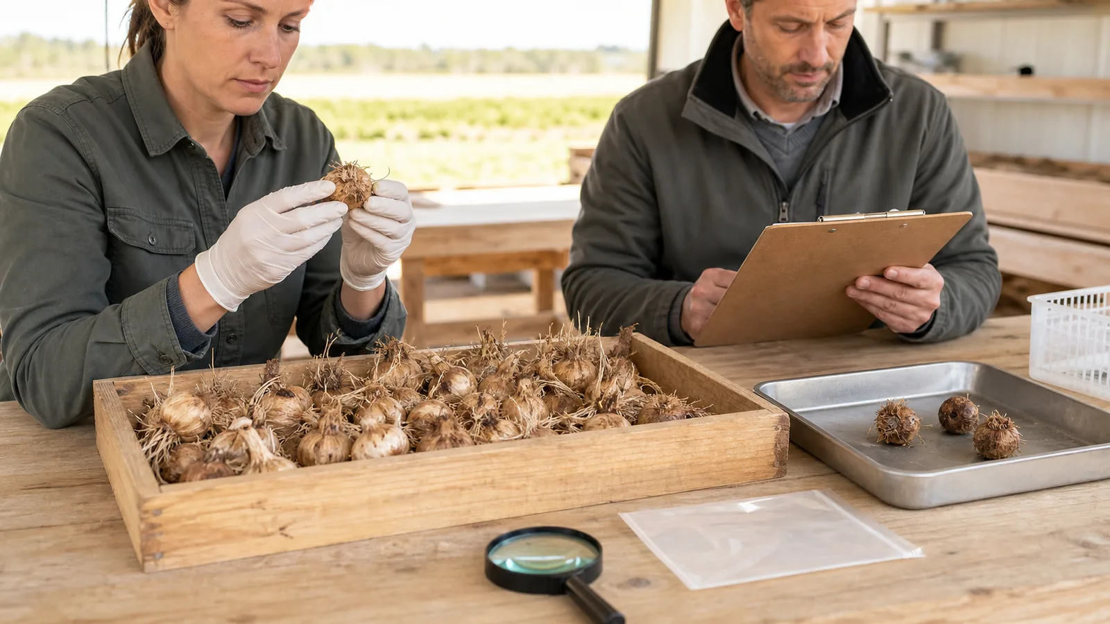 Healthy saffron corms separated from soft discolored corms before planting